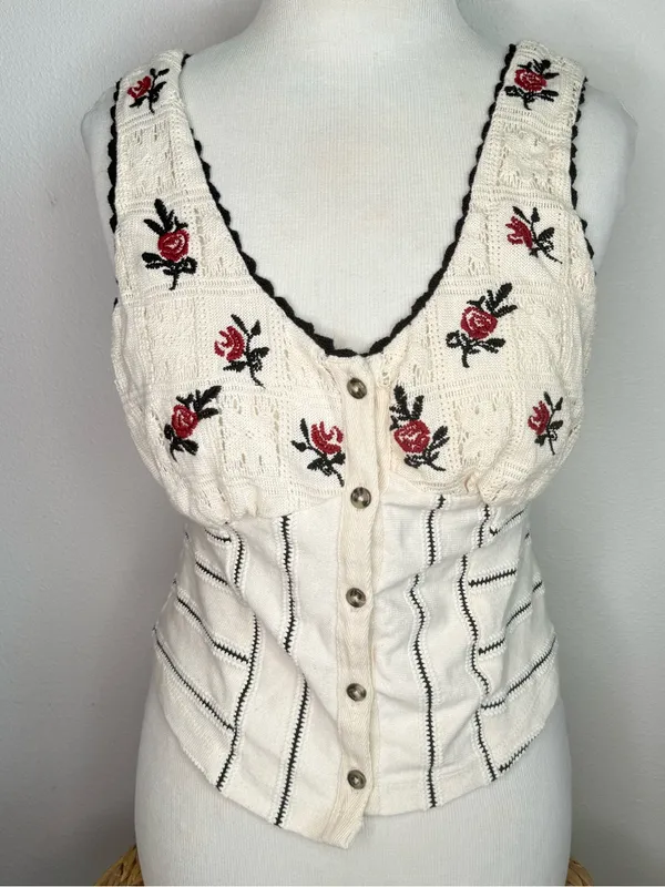Free People Corset Top Tank Rose Bud Knit Floral Embroidery Crochet Accents Boho - Image 3