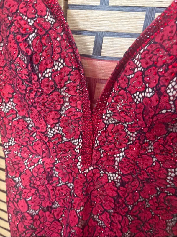 Ellie Wilde mon Cheri red and tan lace gown size 4 - Image 4