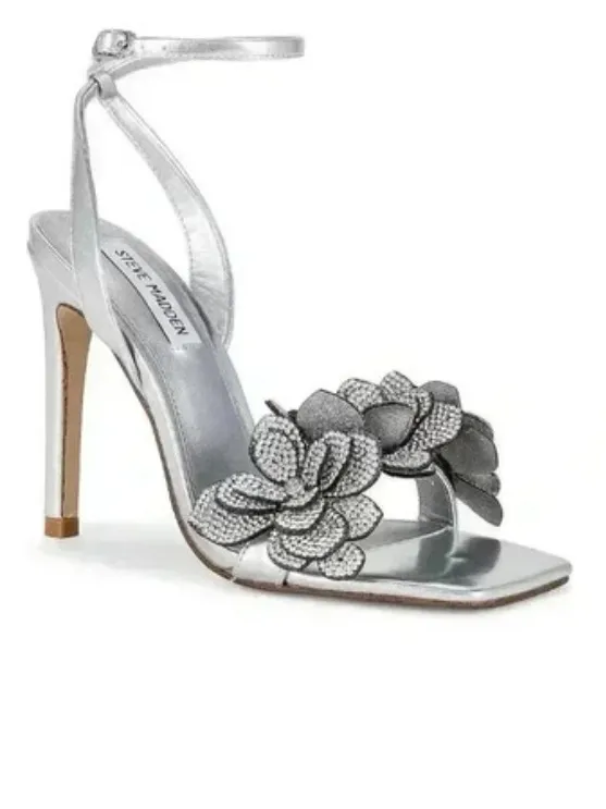 NWOT Steve Madden Ulyana metallic silver rhinestone floral heels summer party - Image 3