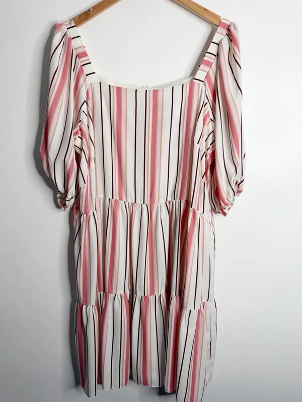 Gabby Skye Striped Babydoll Dress Puff Sleeve‎ Square Neck Pink Beige 18W Pastel - Image 2
