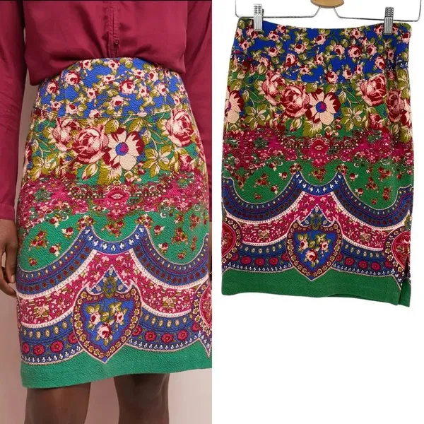 Anthropologie Maeve‎ Sheffield Pencil Skirt Textured Floral Print Size US 2 - Image 2