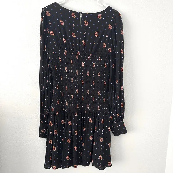 Free People-M Floral Long Sleeve Smocked Mini Dress Romantic Boho-Chic Babydoll‎ - Image 17