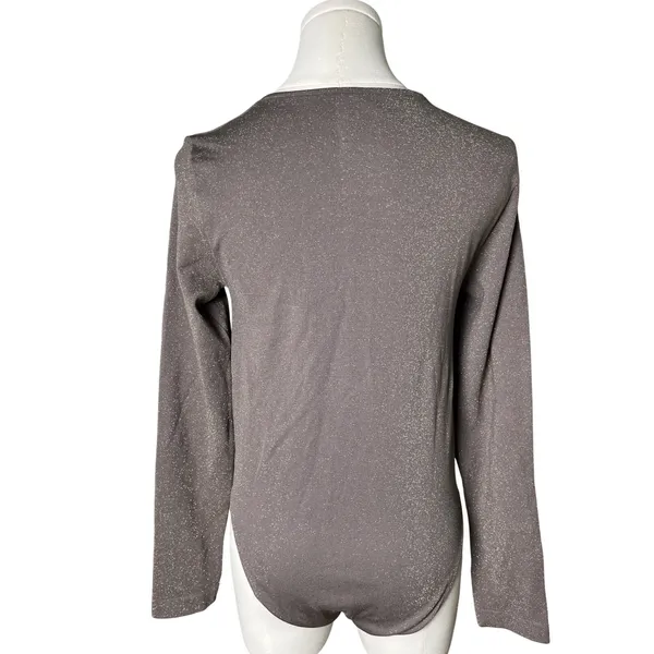 A New Day Medium Shimmer Metallic Long Sleeve Bodysuit Taupe Gray‎ Sparkle - Image 2