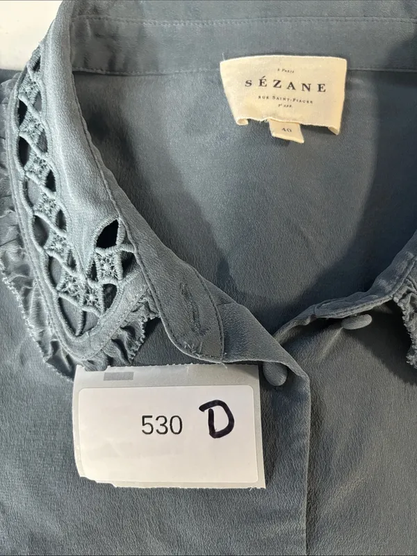 Sézane Dusty Blue Lace-Collar Button-Down Blouse 100% silk size M - Image 8