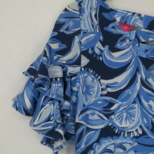 Lilly Pulitzer Blue Floral A-Line Dress XS Pink Border Ruffle Sleeve Rayon Spand - Image 15