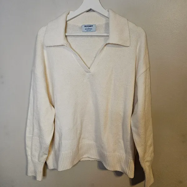 Old Navy Women's V-Neck Cream Polo Sweater Neutral Casual Collared Long Sleeve - Image 2