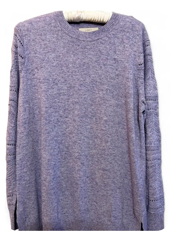 LOFT Pointelle Chevron Sleeve Crewneck Heather Lilac Pullover Wool Blend Sweater - Image 9