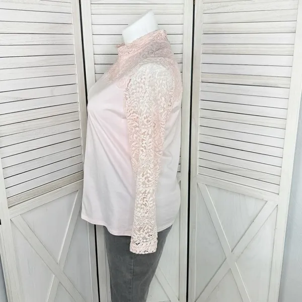 Bedford Fair Lace Sleeve Mock Neck‎ Shirt Pink Large Tee Coquette Victorian Soft - Image 2