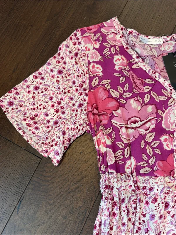 R. Vivimos Pink Floral Patchwork Tiered Casual MIDI Dress Small NWT - C26-031 - Image 4