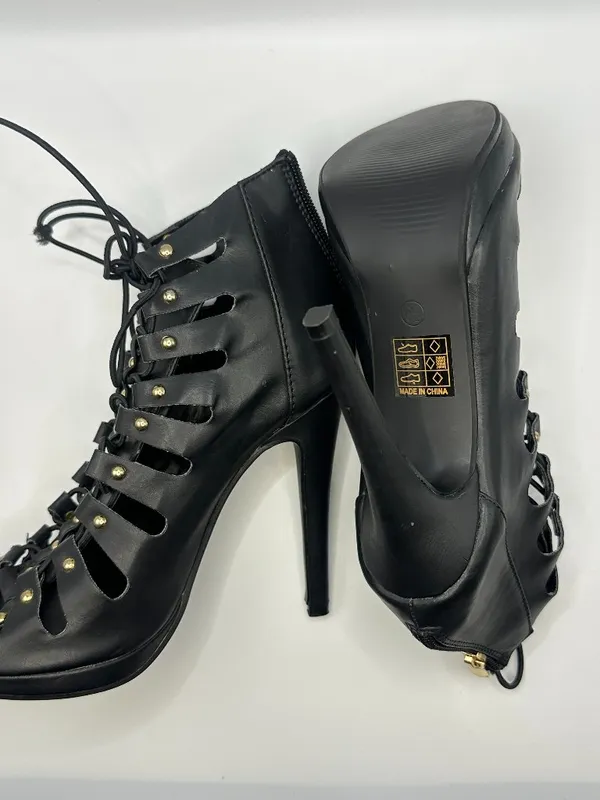 Black Studded Strappy Lace Up Stiletto Heel Ankle Booties Open Toe 6 Rocker Glam - Image 8