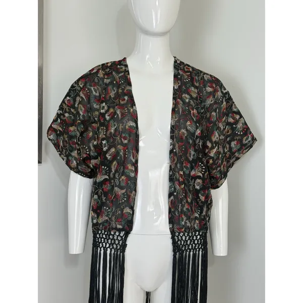 Forever 21 Women’s Sheer Kimono Cardigan Black Embroidered Fringe Boho Festival Size S - Image 4