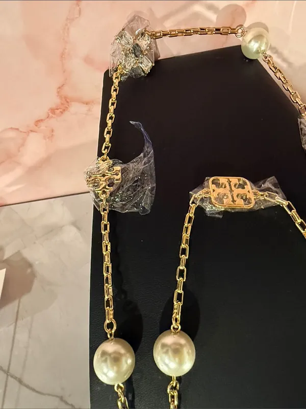 Tory Burch | Gold Plated, Crystal & Pearl Long Station Necklace - Image 5