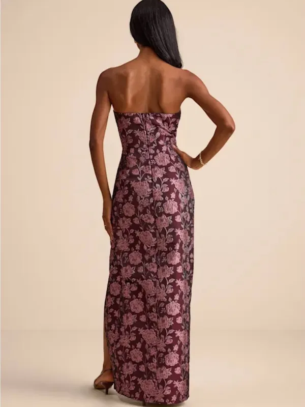 Lulu's Plum Strapless Floral Jacquard Gown with Side Slit - Image 3