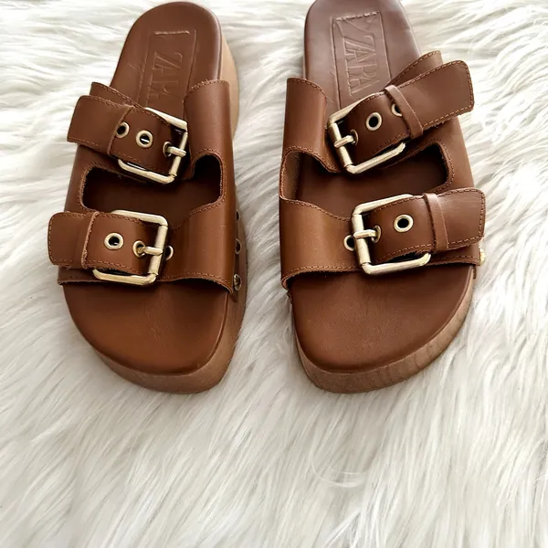 Zara Leather Double Buckle Wooden Platform Sandal Sz 7.5 - Image 2
