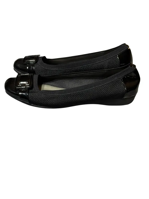 Anne Klein Sport 10M Black Fabric Patent Cap Toe Buckle Low Wedge Ballet Flat - Image 4
