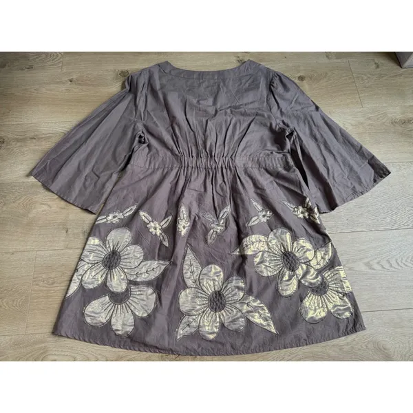 Vintage Femme tunic drawstring waist cotton embroidered flowers brown size L - Image 2