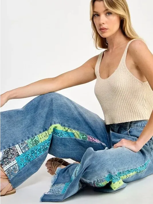Sage & Fig Wide Leg Denim Jeans with Pastel Bandana Inset - Light Blue - Image 2