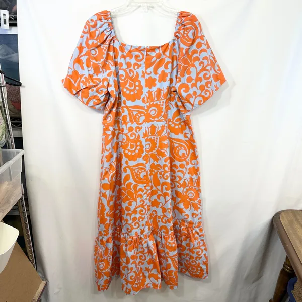 Talbots Size‎ 10 Midi Dress Puff Sleeve Poplin Floral Orange Blue Fit Flare 1526 - Image 5
