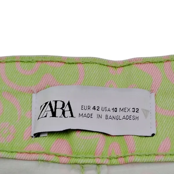 Zara Kick Flare Jeans Womens Sz 10 Green Pink Floral High Rise Crop 70s Raw Hem - Image 7