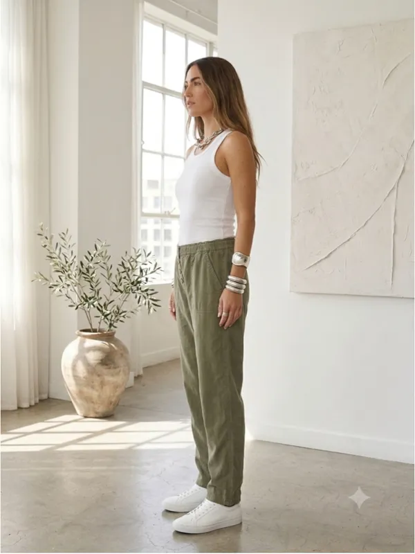 Love Tree Olive Green Tencel Cargo Pants Elastic Waist Button Fly Sz M High Rise - Image 2