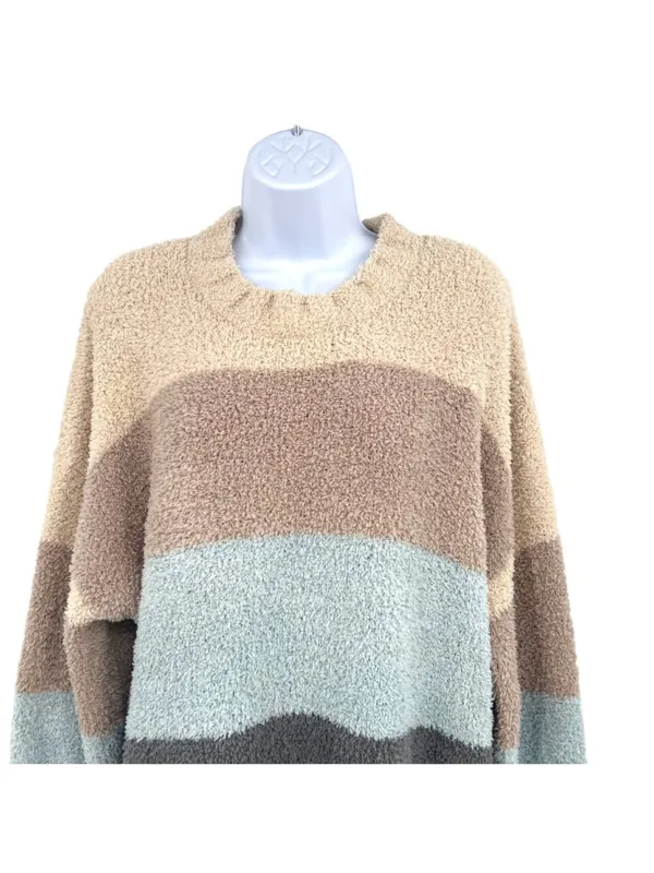 Altar'd State Fuzzy Oversized Colorblock Sweater Beige Brown Blue Size XXL - Image 2