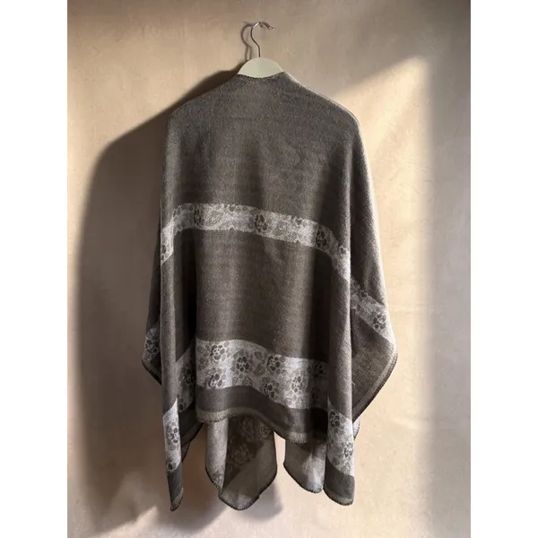 Floral Knit Poncho Wrap Open Front‎ Shawl Olive Brown Bohemian One Size OS - Image 2