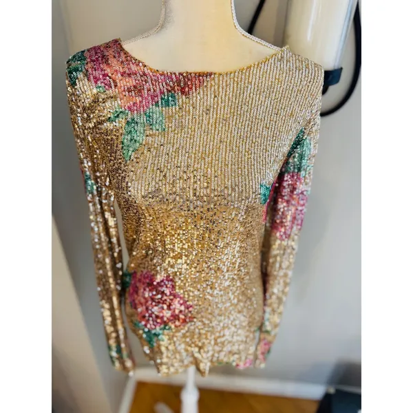 Free People Gold Rush Floral Sequin Top, Champagne/Pink,‎ Medium, NWOT - Image 7