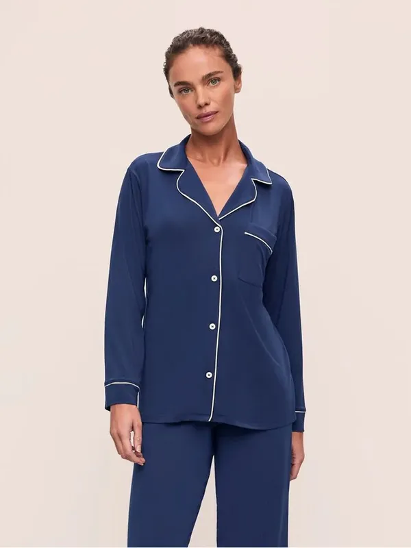 Eberjey Gisele TENCEL Modal Long Sleeve PJ Top Heathered Navy/Ivory - Image 2