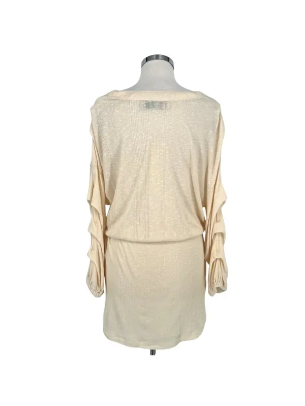 Free People Beach Bambi Mini Dress Ruched Sleeve V-Neck Ivory Cream Size Large - Image 7