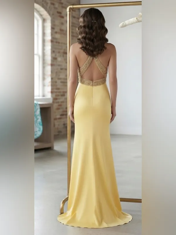 Yellow Halter Prom Gown with Beaded Waist - Image 2