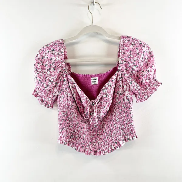 Sunday Best Sinatra Smocked Puff-Sleeve Crop Blouse Top Jam Packed Floral Small - Image 2