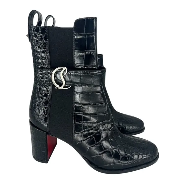 Christian Louboutin Croc Embossed Chelsea Boot 70 Calf Leather in‎ Black Size 37 - Image 6