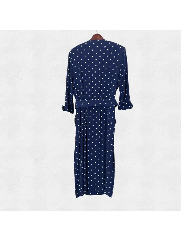 Vintage 80s Katie MFG Navy Blue White Polka Dot Midi Dress Size 16 Rockabilly - Image 3