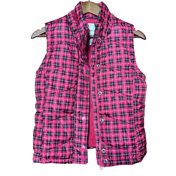 Aeropostale‎ Puffer Vest Women Small Pink Black Plaid Zip Snap Fleece Lined - Image 3