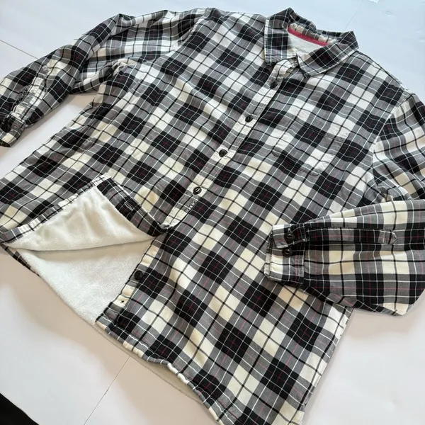 LL Bean Black/White Plaid Sherpa Fleece Lined Flannel Shirt Jacket Shacket LARGE - Image 2