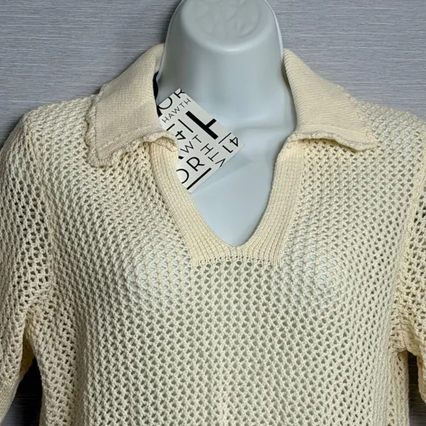 41 Hawthorn Womens Ecru Open Knit Cotton Polo Sweater Short Sleeve XS NEW - Image 4