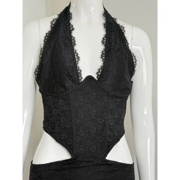 Windsor Gothic Lace Halter Mini Dress Women’s Black Cutout Whimsigoth Size M - Image 5
