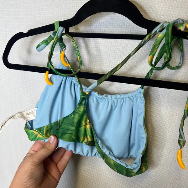 Farm Rio Praia Banana Palm Print Bikini Top Blue Green Large Charm Ties - Image 2