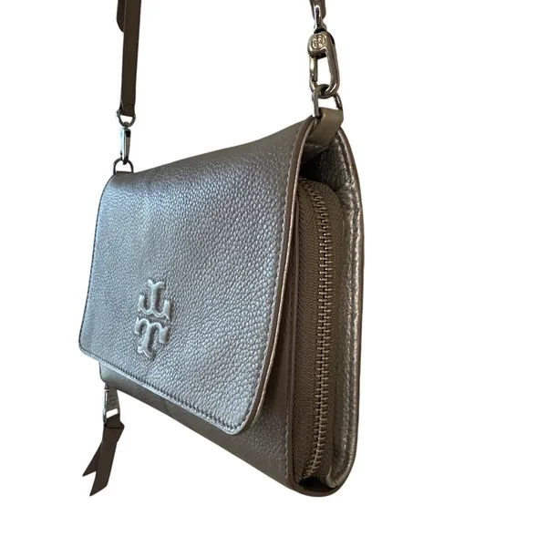 Tory Burch McGraw‎ WOC Crossbody Gray Heron Pebbled Leather Wallet - Image 4
