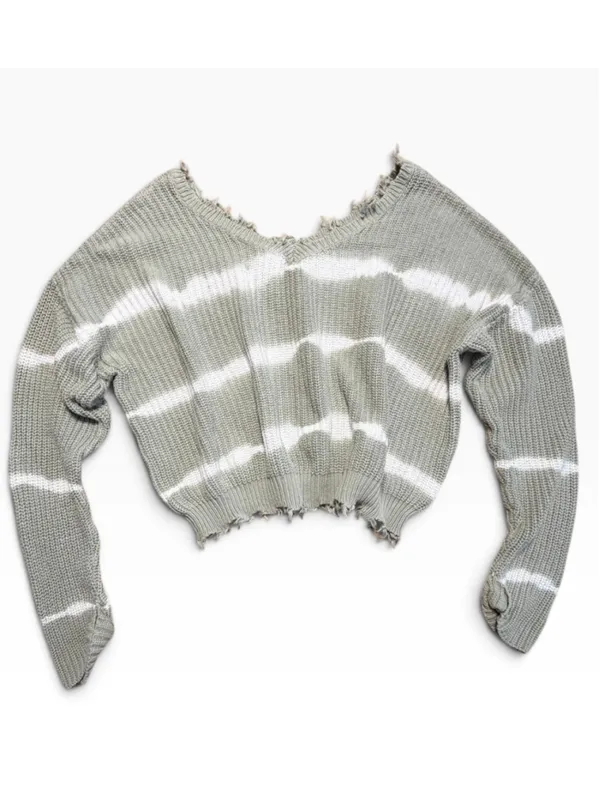 Women's Jessica Simpson Distressed Knit Sweater Green White Striped Size L - Image 2