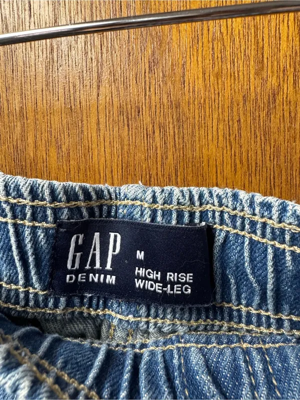 Gap Pull On Wide Leg Cargo Denim Jeans Cotton Tie Waist Medium Wash Blue Medium - Image 5