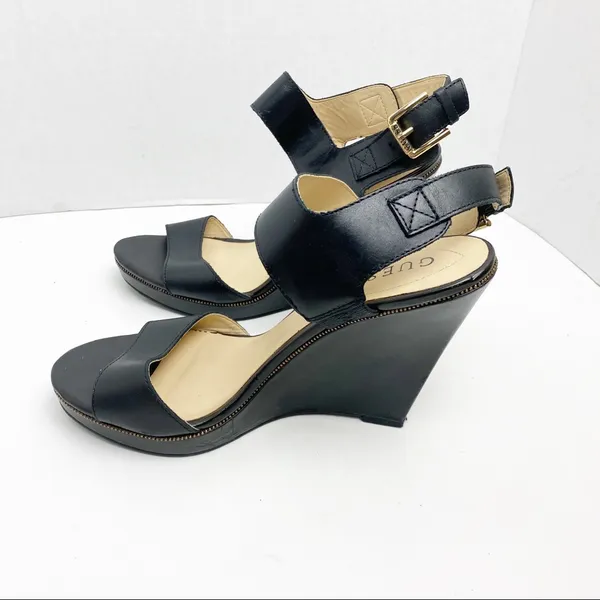 GUESS Jasminn Leather Upper Black Open Toe Wedge Sandals 8.5 Wedding Brunch - Image 10