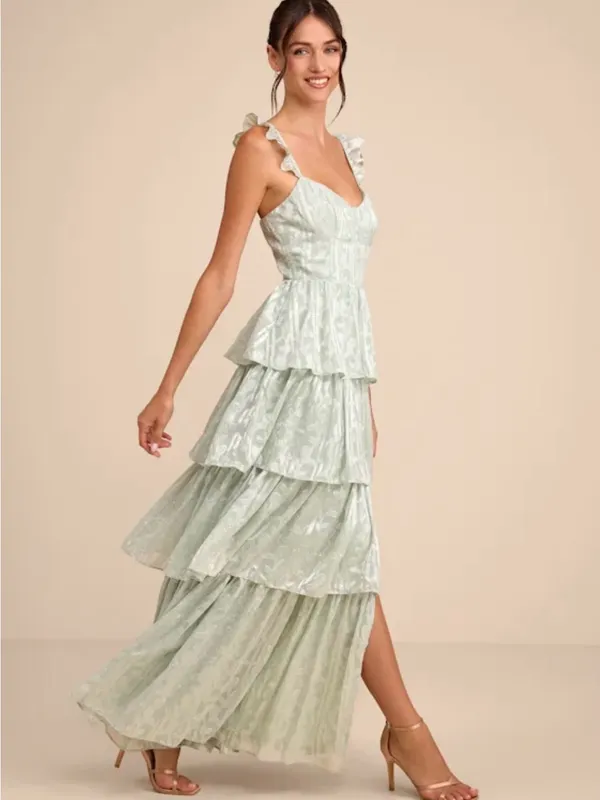 Lulus Stunning Glory Sage Green Floral Jacquard Tiered Maxi Dress - Size S - Image 4