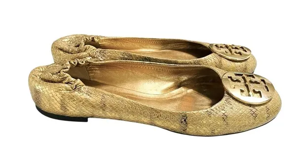 Tory Burch REVA GOLDEN SNAKESKIN MEDALION BALLET FLATS Size 8.5M VGC - Image 4