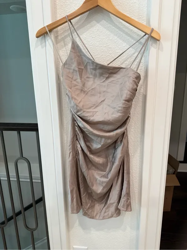 Line & Dot Taupe Satin Ruched Cowl Neck Midi Dress XS - Image 2