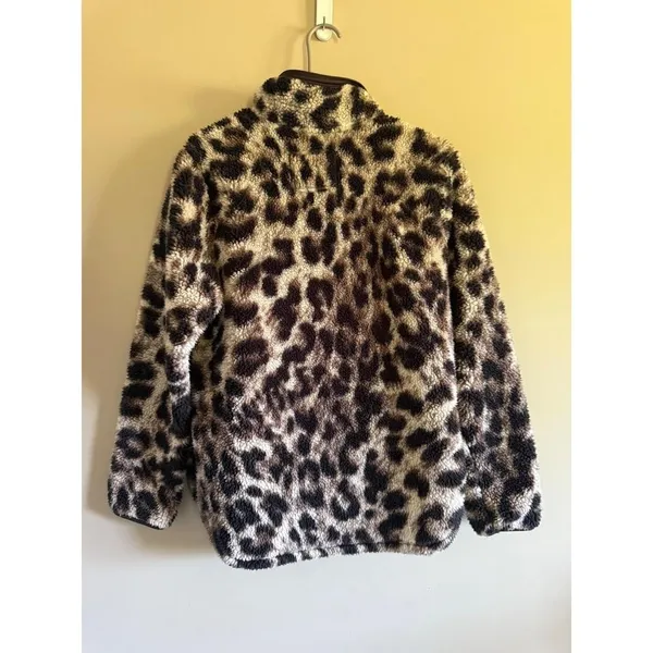 Cozy Sherpa Womens Leopard Print Quarter Zip Fleece Jacket Brown Tan‎ Small - Image 3