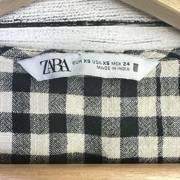 Zara Womens XS Gingham Top Cropped Plaid Flannel Black White Puff Sleeve‎ - Image 6