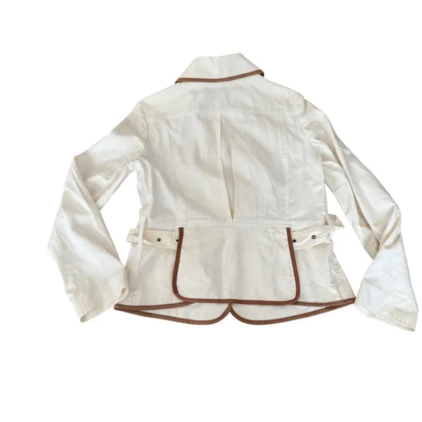 Burberry Faversham Ivory Brown Trim Cotton Blend Belted Jacket UL - Image 3