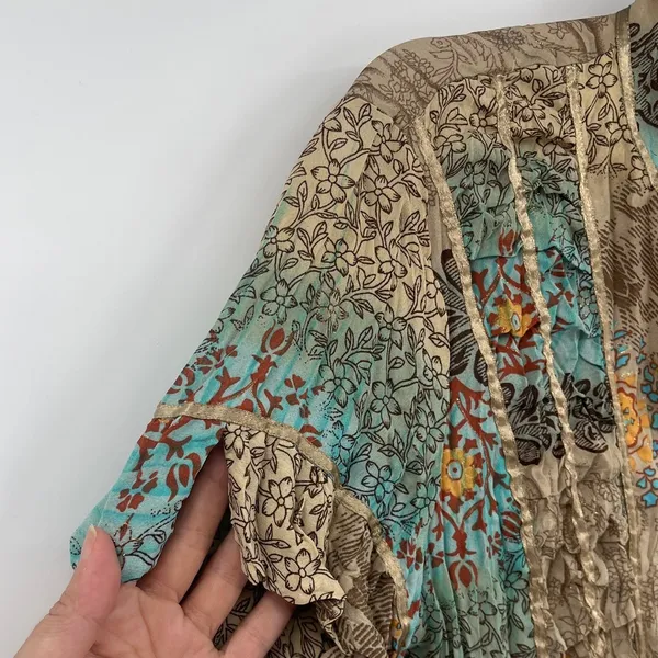 Y2K Piano Patchwork Snap Top Sz M Boho Festival Crinkle Artsy Satin Chiffon Tan - Image 3