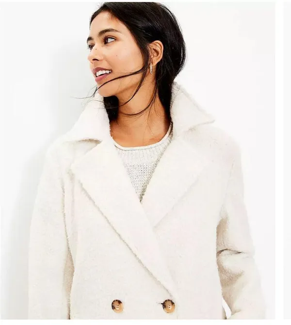 LOFT Double Breasted Midi Boucle Jacket in Cream - Size S - Image 2